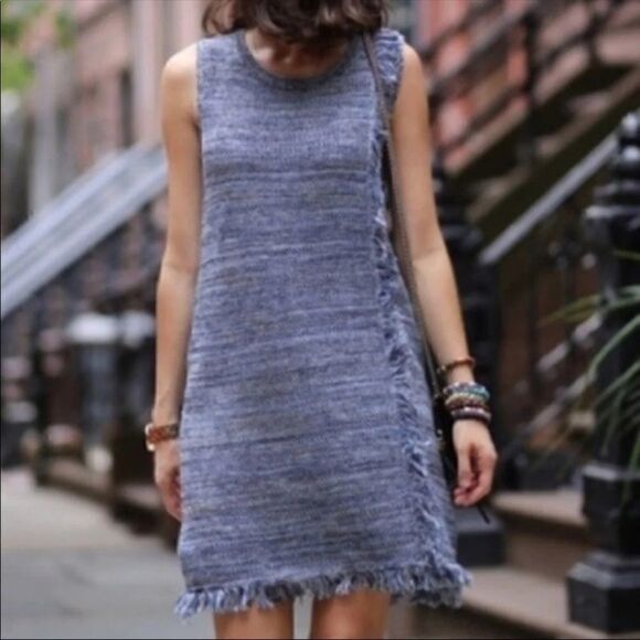 Anthro Holding Horses Blue Sweater Fringe Dress M - Picture 1 of 12